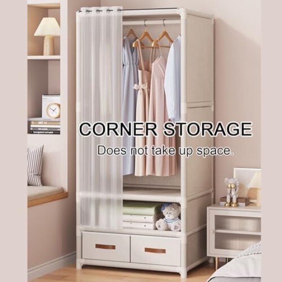 Double-row wardrobe shelves with individual black drawers for easy organization and space saving.